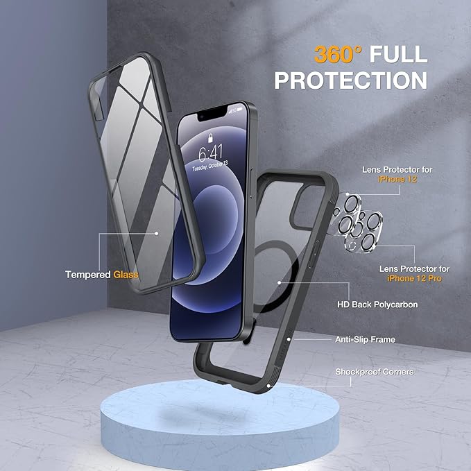 Miracase Magnetic Glass Series for iPhone 12/12 Pro - Full-Body Rugged Protective Case with Built-in 9H Tempered Glass Screen Protector and Camera Lens Protector, Magnetic Black
