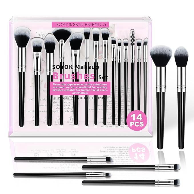 Makeup Brush Set, Premium Synthetic 14 Pcs Makeup Brushes, Travel Makeup Brush Set for Foundation, Concealer, Blush and Eyeshadow Brush(Black)