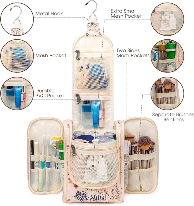 Narwey Small Hanging Toiletry Bag Women Travel Makeup Bag Organizer Toiletries Bag for Travel Size Essentials Accessories Cosmetics(Medium, Beige Bird)