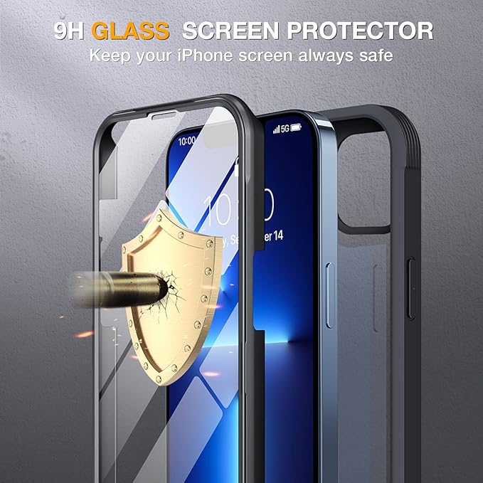 Miracase Glass Case for iPhone 13 Pro Max 6.7 inch, 2023 Upgrade Full-Body Clear Bumper Case with Built-in 9H Tempered Glass Screen Protector for iPhone 13 Pro Max, Black