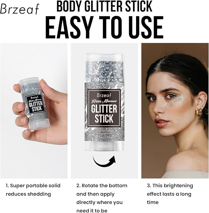 Brzeaf Silvery Body Glitter Stick, Waterproof & Long Lasting, Hair Eyeshadow Face Body Glitter, Singer Concert Music Rave Festival, Glitter Stick Makeup & Face Glitter Gel