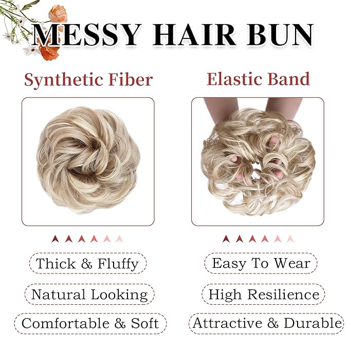 MORICA 1PCS Messy Hair Bun Hair Scrunchies Extension Curly Wavy Synthetic Chignon Hairpieces for Women (Natural Blonde & Lightest Blonde)