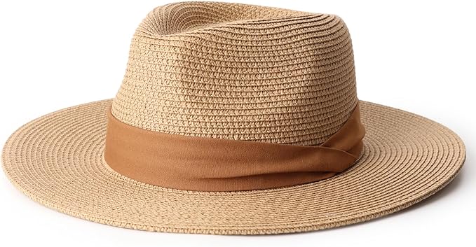 DRESHOW Women Straw Panama Hat Travel Fedora Beach Sun Hat Summer Wide Brim Straw Roll up Hat UPF 50+