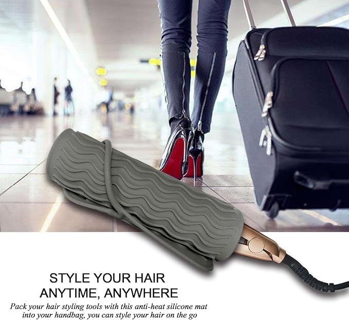 11" X 7.5" Large Size Heat Resistant Silicone Travel Mat for Hair Straighteners, Curling Irons, Flat Irons, Other Hair Styling Tools, Portable Silicone Pad Cover for Travel Vanity Salon - Gray