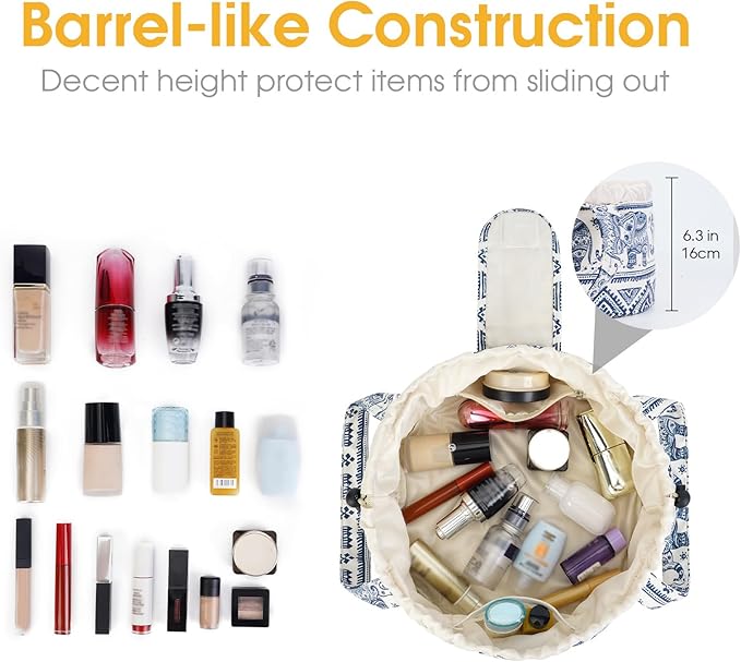Narwey Barrel Drawstring Makeup Bag Large Cosmetic Bag Make up Bags Toiletry Bag Travel Bags for Toiletries Organizer for Women Gift for Teen Girls (Elephant) (Patent)