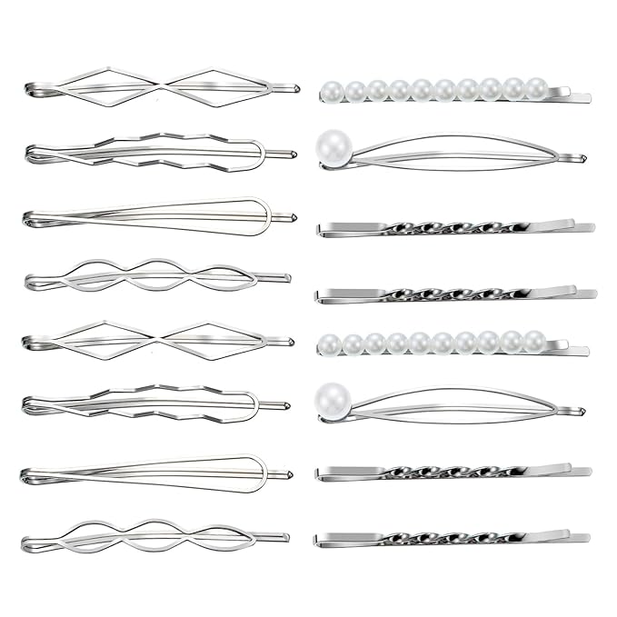 16 Pieces Geometric Metal Hair Pins, Silver Hair Pins Pearls Hair Clips Hair Barrettes Metal Bobby Pins for Woman Girls
