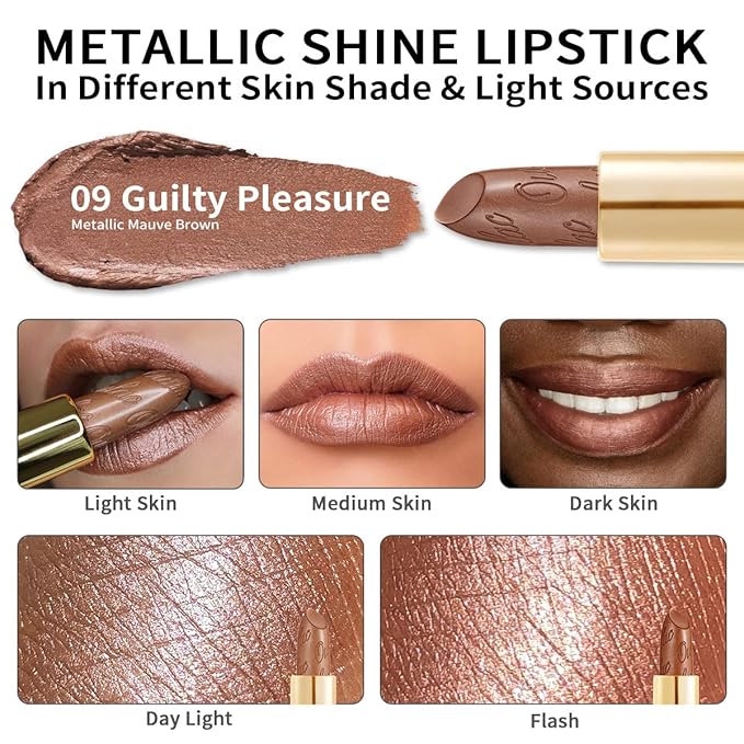 Oulac Brown Lipstick for Women with Metallic 3D Shine Lightweight Hydrating Formula, High Impact Lip Color, Vegan Beauty, Full Coverage Lip Makeup, Christmas Gifts for Women, Guilty Pleasure (09)