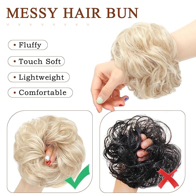 MORICA Messy Bun Hair Piece for Women - Elastic Wavy Curly Fake Bun Hair Extension Chignon Ponytail Hairpieces for Women (Ash Blonde & Bleach Blonde)