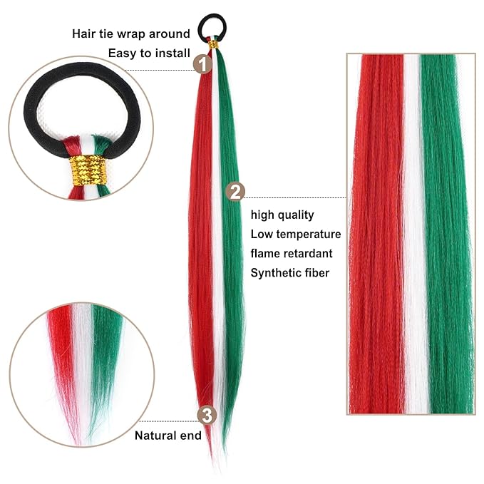 2 Pack Braid Ponytail Extension, Full of Christmas Color Ponytail Extension, with Elastic Tie Straight Tube Sleek Wrap Extension Hair Ponytail Extension 26 Inch (Red/White/Green#)