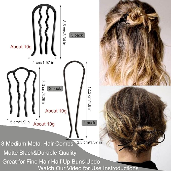 7 Pcs Metal Hair Side Combs Hair Fork Clip Teeth Hair Pin Stick for Updo Bun, U Shape Hair Combs for Vintage Hairstyle Hair Accessories, Fine Hair Combination