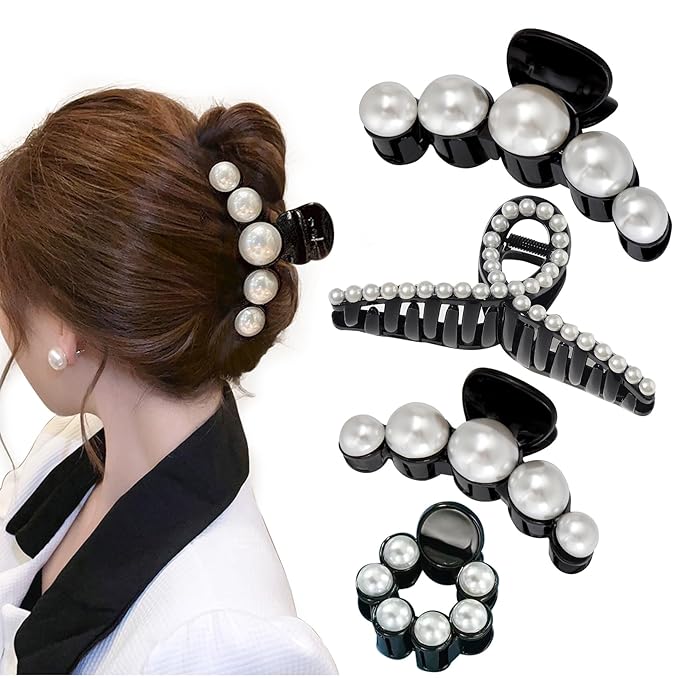 Mehayi 4 PCS Large Black Pearl Hair Claw Clips for Women Girls, Hair Barrette Clamps for Thick Thin Hair, Fashion Hair Accessories Headwear Styling Tools for Party Wedding