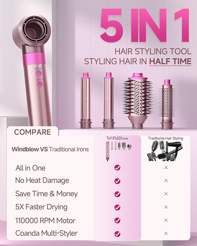 5 in 1 Hair Dryer Brush WindBlow Magic Styler, 110,000 RPM High-Speed Turbo Blow Dryer Brush, Professional 500 Million Negative Ionic Hair Dryer, for Curling Volumizing Air Styling