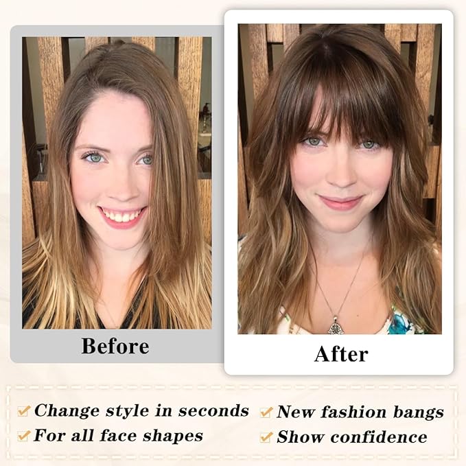NAYOO Clip in Bangs-Brown Black Human Hair 360° Cover Wipsy Bangs Hair for Women, 2 Secure Clips in Full Fringe Hair Toppers for Women Girls Daily Wear (Brown Black)