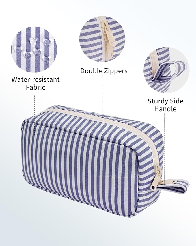 Narwey Small Makeup Bag for Purse Travel Makeup Pouch Mini Cosmetic Bag Zipper Pouch for Women (Greyish Blue Stripe, Small)