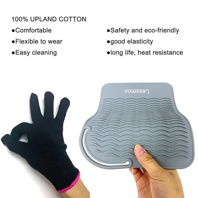 Flat Iron Travel Mat, Curling Iron Counter Protector with Heat Resistant Glove for Curling Irons, Hair Straightener, Flat Irons and Hair Styling Tools, 9” x 6.5”, Gray by Lessmon