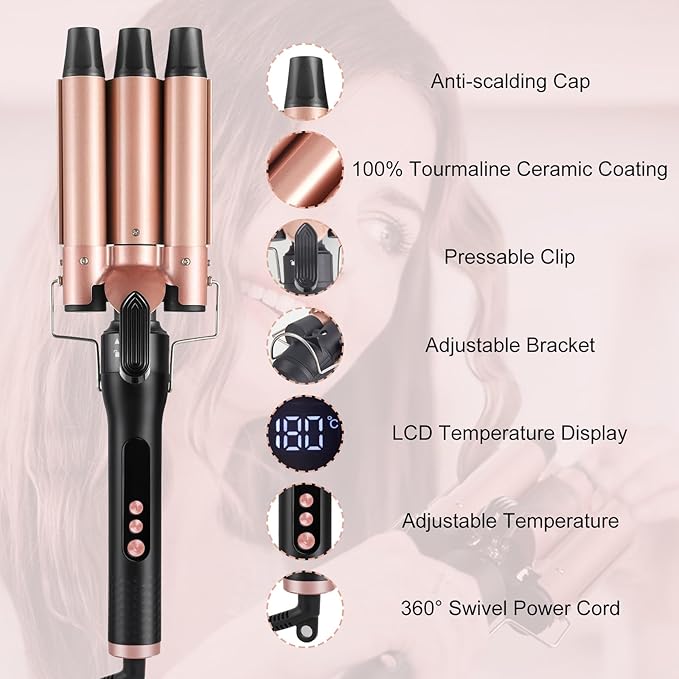 6 in 1 Hair Curling Iron Wand Set PTC Fast Heating Hair Crimper Professional Hair Styling Tools LCD Temp Control with Hair Straightener, Ceramic 3 Barrel Hair Waver Surprise Gift for Women Girl