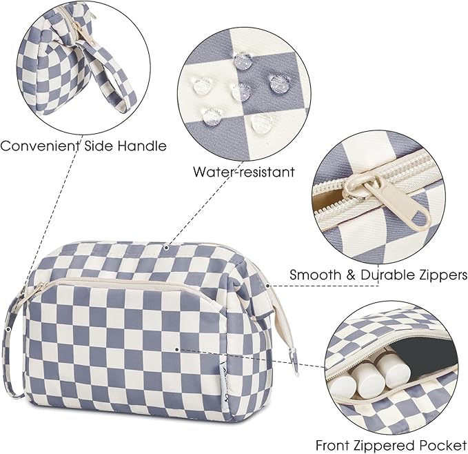 Narwey Checkered Makeup Bag Women Wide-open Make up Bag Travel Cosmetic Bag Organizer Toiletry Bag for Cosmetics Toiletries Accessories (Greyish Blue Checkerboard)