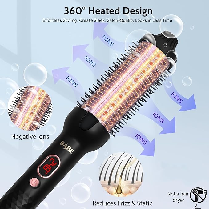 Babe Ceramic Thermal Brush with 10 Temperature Settings, 30s Fast Heated Round Brush for Blow Out Look Quick & Easy to Use with Dual Voltage