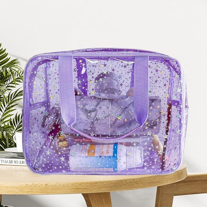 12”X5“X8” Portable 8L Purple Clear Makeup Bag Twinkle Star Toiletry Bag Waterproof Cosmetic Bag With Zipper & Handle for Concert Sports Events Travel Commuting Beach Essential