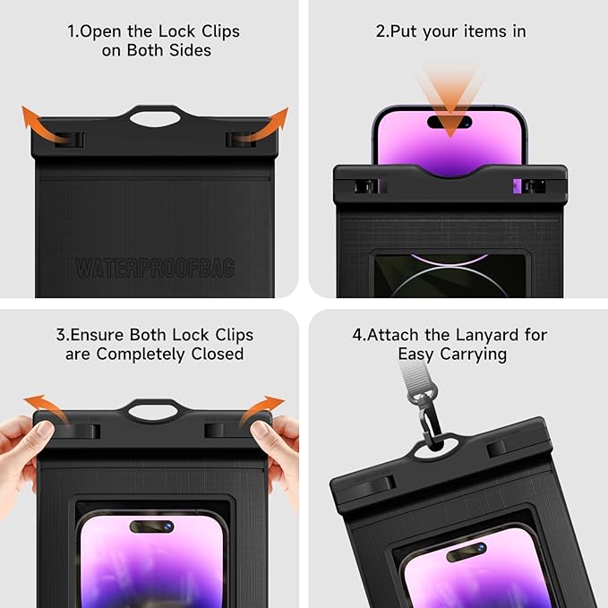 2 Pcs Waterproof Phone Pouch Case Up to 7.2", Floating Universal IPX8 Water Proof Cell Phone Dry Bag for iPhone 16 15 14 13 12 11 Pro Max XR XS SE 2022, Outdoor Sports, Black