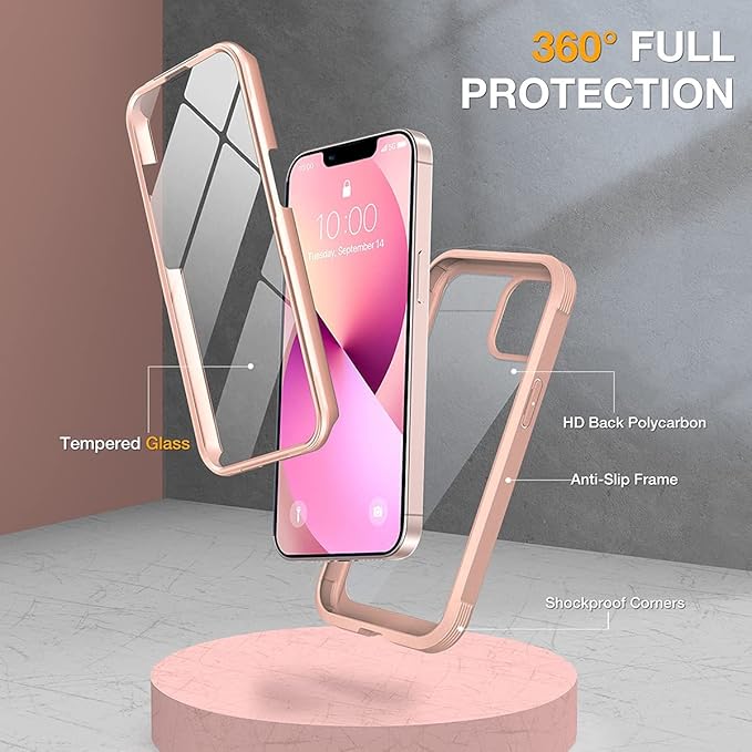 Miracase Compatible with iPhone 13 Mini case 5.4 inch, 2023 Upgrade Full-Body Glass Clear Case Bumper Case with Built-in 9H Tempered Glass Screen Protector for iPhone 13 Mini,Crystal Pink