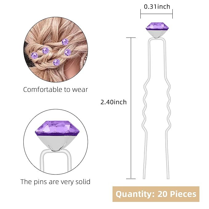 20 Pack (Violet) Rhinestone Hair Pins Crystal Hair Clips for Bridal Wedding Women Hair Jewelry Accessories, with Clear Container