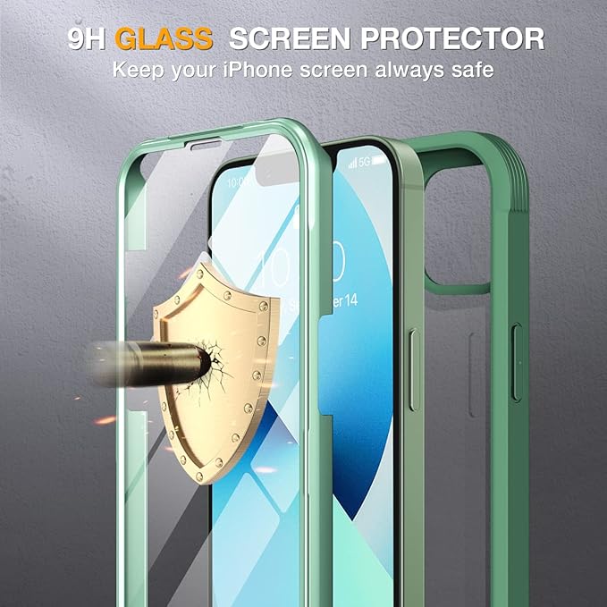 Miracase Compatible with iPhone 13 Mini case 5.4 inch, 2023 Upgrade Full-Body Glass Clear Case Bumper Case with Built-in 9H Tempered Glass Screen Protector for iPhone 13 Mini, Acacia Green