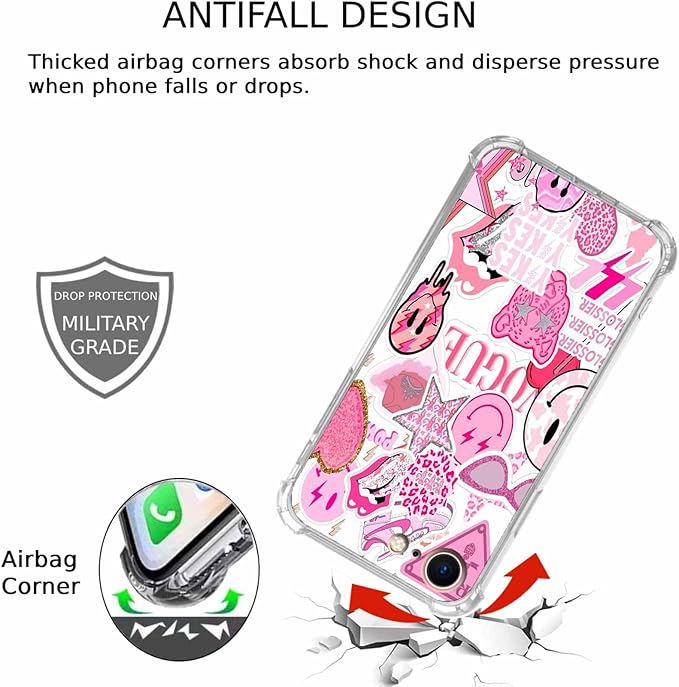 Case for iPhone SE3/SE2/8/7 with Pink Design,Aesthetic Hippie Indie Popular Elements Pattern,Shockproof Soft TPU Bumper Phone Cover(SE,Pink)