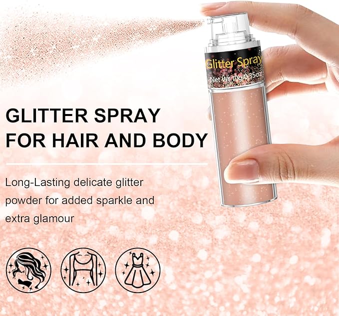 Hair and Body Glitter Spray, 1PC Champagne Glitter Hairspray Dry Powder Makeup for Clothes, Festival Rave Prom Loose Sparkle Powder,Holographic Ultra Fine Resin Glitters for Crafts,10g (Champagne)
