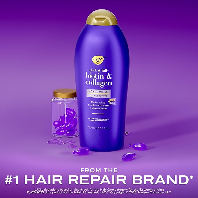 OGX Thick & Full + Biotin & Collagen Volumizing Conditioner, Nutrient-Infused Conditioner + Vitamin B7 Biotin Gives Hair Volume & Body for 72+ Hours, Sulfate-Free Surfactants, 25.4 fl. oz