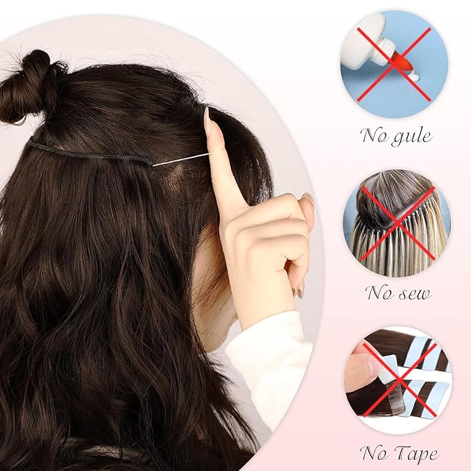MORICA Invisible Wire Hair Extensions - 14 Inch Brown Black Long Wavy Synthetic Hairpiece with Transparent Wire Adjustable Size, 4 Secure Clips for Women(Brown Black,14Inch)