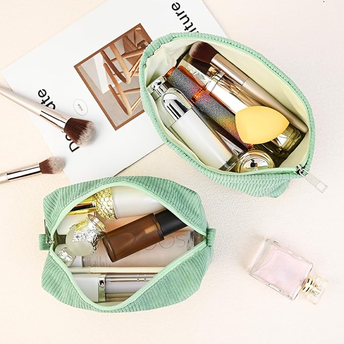 2 Pcs Corduroy Makeup Bag Large Cosmetic Bag Toiletry Bag Makeup Pouch Travel Bag Organizer Cute Makeup Brushes Aesthetic Accessories Storage Bag for Women Green