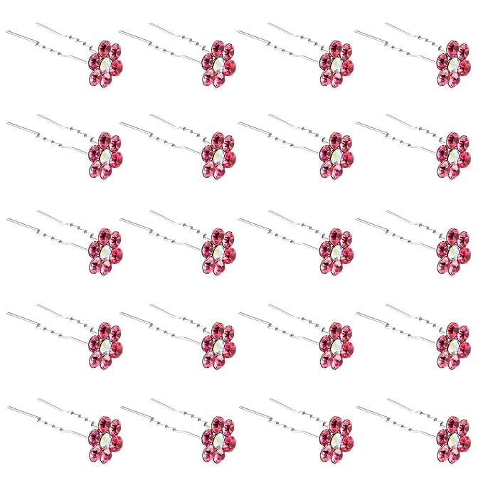 20 Pack (Pink) Crystal Flower Hair Pins Rhinestone Hair Clips for Bridal Wedding Women Hair Jewelry Accessories, with Clear Container
