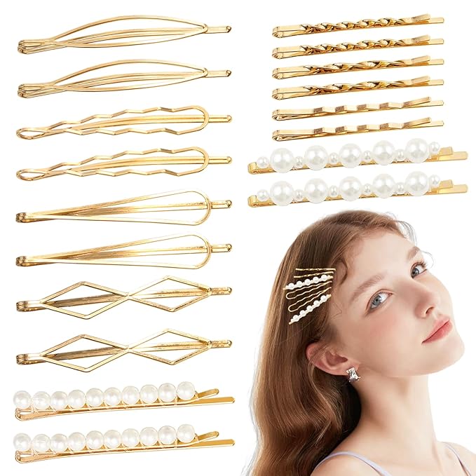 18 PCS Metal Gold Geometric Elegant Hair Barrette Set Hair Styling Fancy Pins Women Girls Preppy Pearls Hair Clips Bridal Minimalist Bobby Pins Dainty Hair Accessories