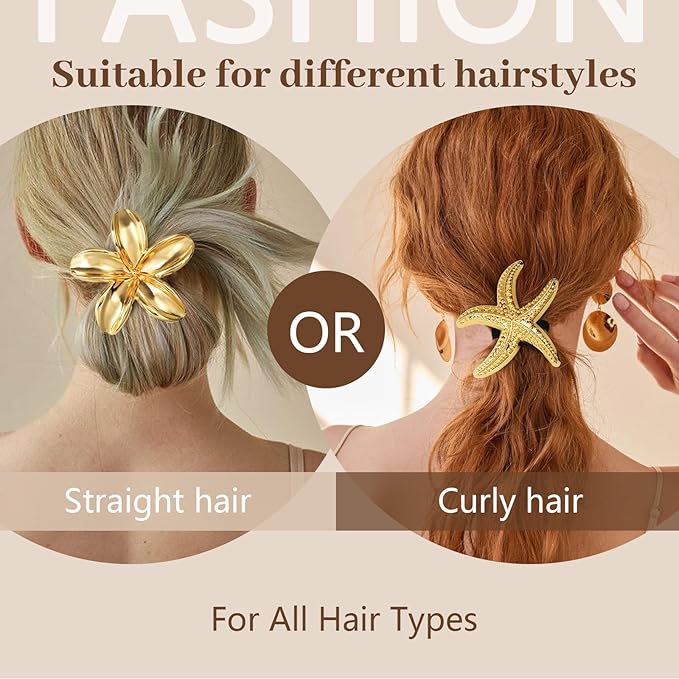 3PCS Gold Hair Ties, Metal Hair Ties for Thick Hair, Elegant Durable Geometric Design, Gold Hair Accessories Stretchy and Non-Damage Ponytail Holders, Ocean Pattern 3 Style