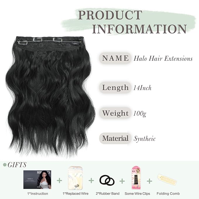 MORICA Invisible Wire Hair Extensions - 14 Inch Natural Black Long Wavy Synthetic Hairpiece with Transparent Wire Adjustable Size, 4 Secure Clips for Women(Natural Black,14Inch)