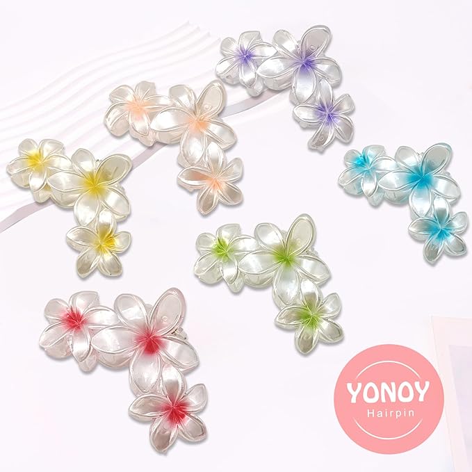 6Pcs Flower Hair Clips for Women, Non-Slip Matte Hawaiian Plumeria Hair Accessories, Large Banana Cute Clip Beach Flower (Pearlescent Color)