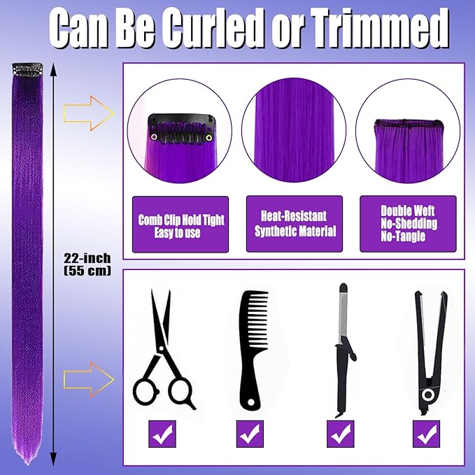 12 PCS Purple Hair Extensions Clip in, 22-Inch Colored Hair Extensions Party Highlights Long Straight Synthetic Hairpieces for Women Kids Girls Halloween Christmas Cosplay