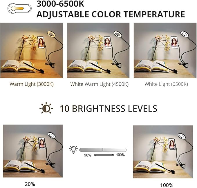 Clip on Light Reading Lights with Cell Phone Holder,Eye Protection Kids Desk Lamp, 360 ° Flexible Gooseneck Selfie Ring Light, LED Makeup Mirror Lights… (Selfie Ring Light with Cell Phone Holder)