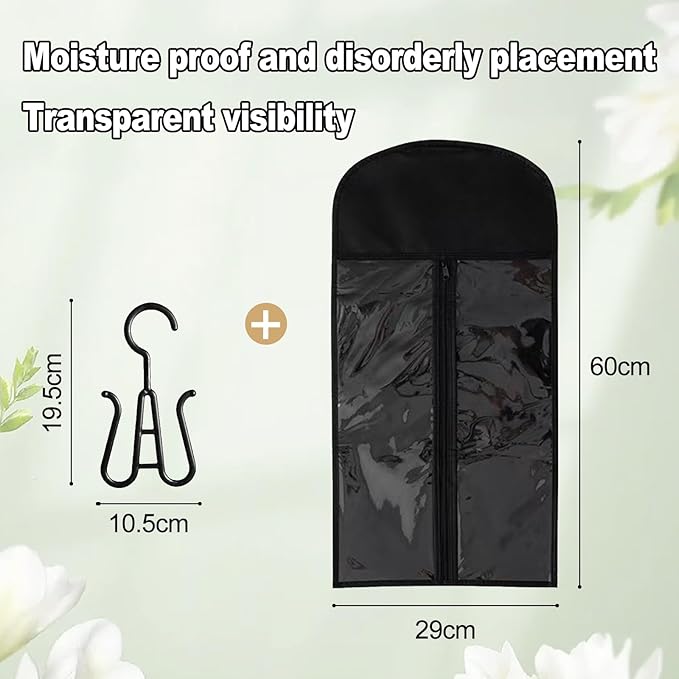 2Packs Hanging Wig Stand 2packs Wig Storage Bags Dust-proof Wig Bags With Hanger With Clear Zipper Closure for Multiple Wigs Hats and Hair Extensions Accessories (White stand-Black bag)