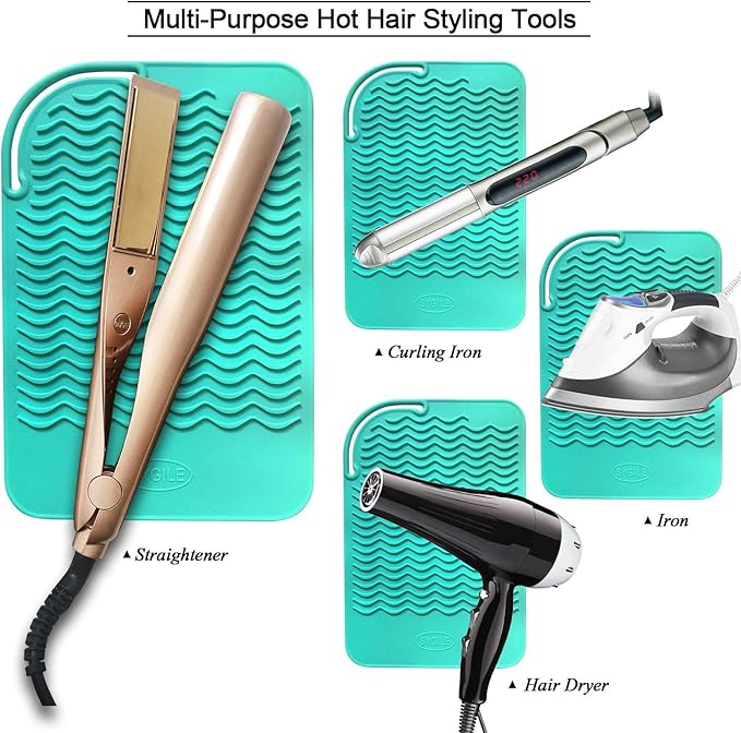11" X 7.5" Large Size Heat Resistant Silicone Travel Mat, Anti-Heat Pad for Hair Straighteners, Hair Rollers, Curling Irons, Flat Irons and Other Hair Styling Tools - Mint Green (Turquoise)