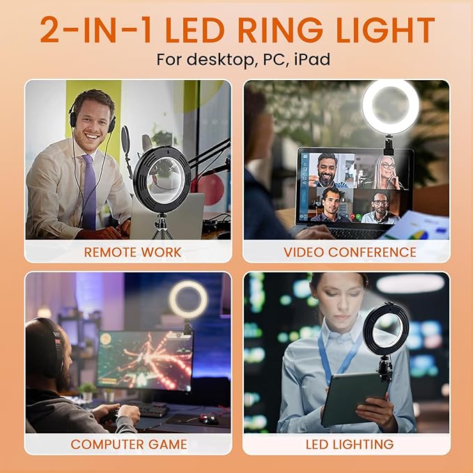 MACTREM 2 in 1 LED 6"" Ring Light with Tripod Stand & Clamp for YouTube Video and Makeup, Mini LED Camera Light with Cell Phone Holder Desktop LED Lamp with 3 Light Modes & 11 Brightness Level, Black