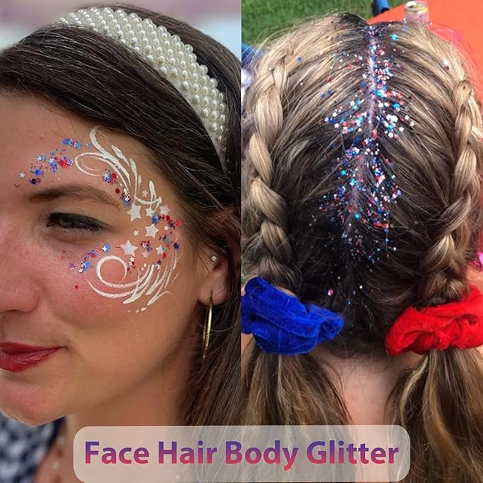 Mysense Patriotic Red White and Blue Body Glitter Stick,4th of July Accessories,Sparkling Face Hair Glitter for Fourth of July Outfit Women Kids,American Pride USA Flag Makeup for Independence Day