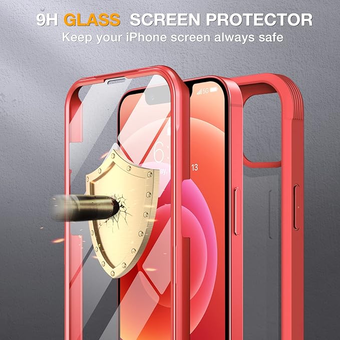 Miracase Glass Series for iPhone 12/12 Pro - Full-Body Rugged Protective Case with Built-in 9H Tempered Glass Screen Protector and Camera Lens Protector - Red