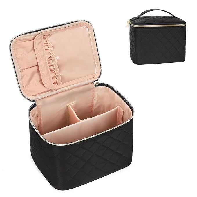 OCHEAL Makeup Bag, Large Capacity Travel Make Up Bag for Cosmetics Vertical Storage,Toiletry Bag for Skincare Makeup Organizer Bag-Nylon Black
