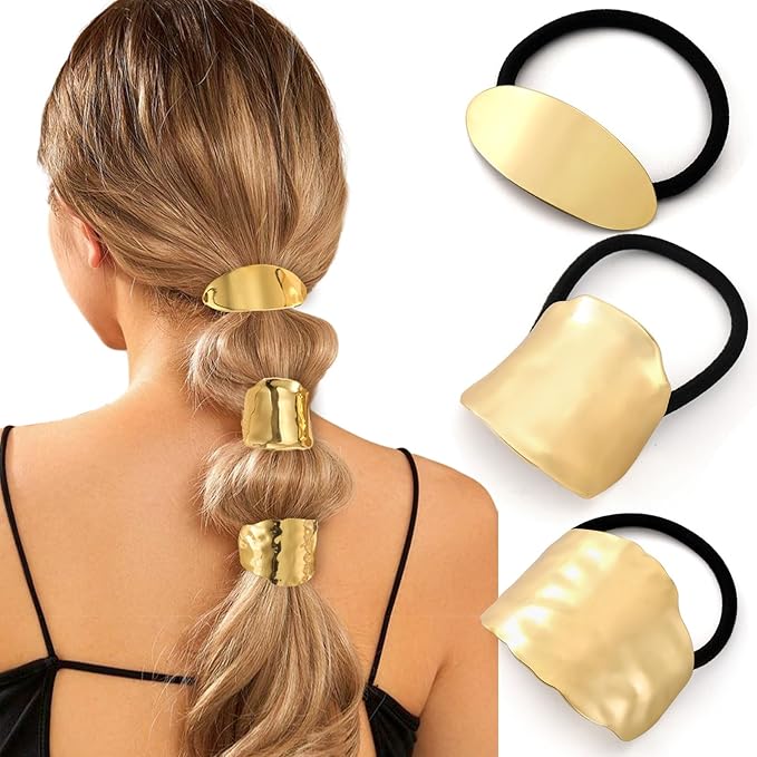 3PCS Gold Hair Ties, Metal Hair Ties for Thick Hair, Elegant Durable Geometric Design Hair Cuffs, Gold Hair Accessories Stretchy and Non-Damage Ponytail Holders 3 Style