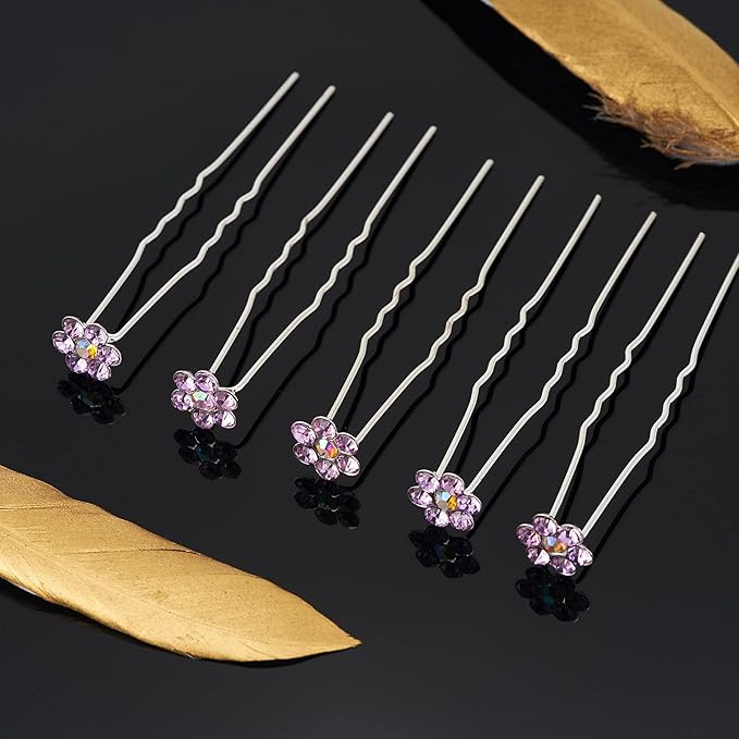 20 Pack (Violet) Crystal Flower Hair Pins Rhinestone Hair Clips for Bridal Wedding Women Hair Jewelry Accessories, with Clear Container
