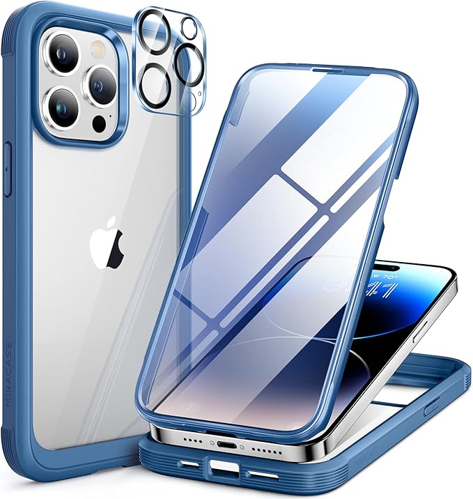 Miracase Glass Series for iPhone 14 Pro Case 6.1 Inch, Full-Body Clear Bumper Case with Built-in 9H Tempered Glass Screen Protector, with Camera Lens Protector, Capri Blue