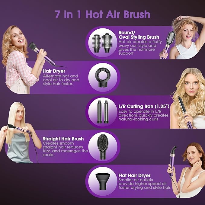 7 in 1 Blow Dryer Brush and Hair Dryer, Hot Hair Styler with Negative Ion 110,000 RPM Hair Straightener Brush for Fast Drying Straightening Curling Voluming, Suitable for All Types,Purple