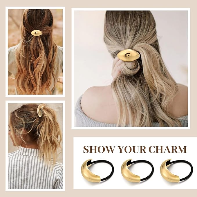 3PCS Gold Hair Ties, Metal Hair Ties for Thick Hair, Elegant Durable Geometric Design Hair Cuffs, Gold Hair Accessories Stretchy Non-Damage Ponytail Cuff Holders Holiday Gifts